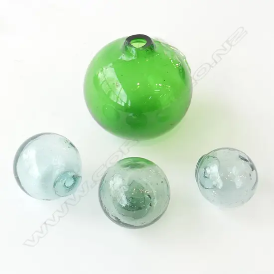 3 SMALL VINTAGE GLASS FISHING FLOATS WITH SEALS, AND GREEN GLASS BALL, D.60MM-100MM