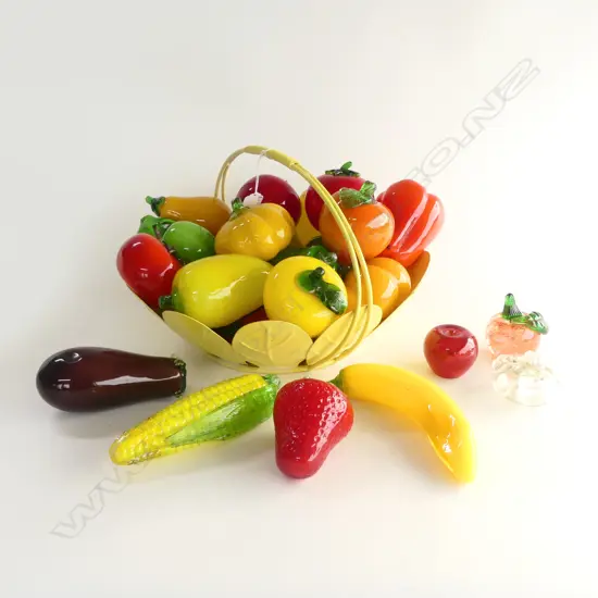 YELLOW METAL BASKET OF GLASS FRUITS W.380mm