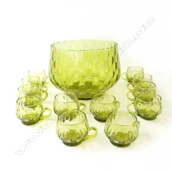 ITALIAN GREEN GLASS PUNCH BOWL H.200mm, 280mm dia & 12 GLASSES