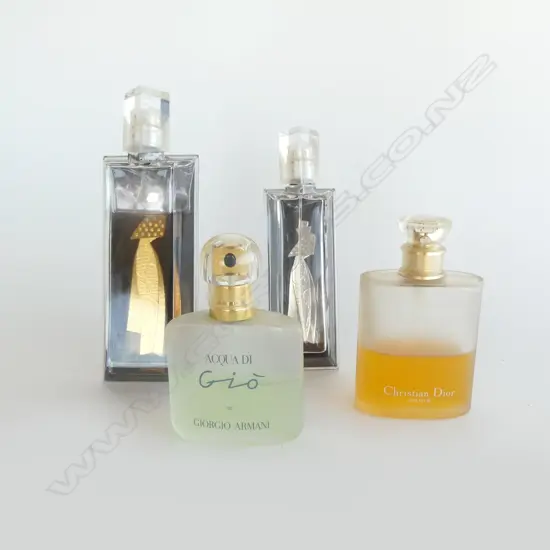 4 LADIES PERFUME BOTLES: some w a little contents DIORISSIMO + HOT COUTURE ETC
