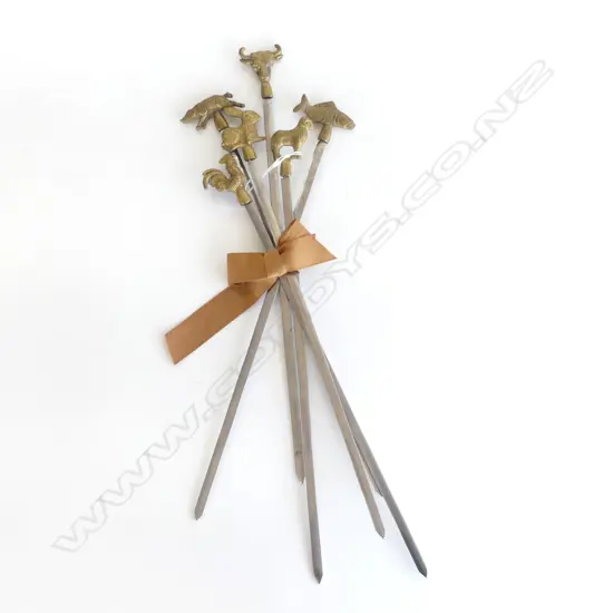 SET 6 INDIAN BRASS ANIMAL & STEEL BLADED MEAT SKEWERS 