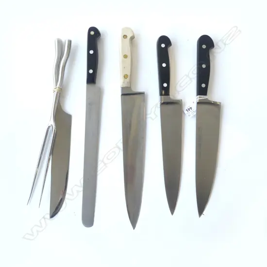 4 MUNDIAL BRANDED CHEF'S KNIVES + OTHER KNIFE & FORK