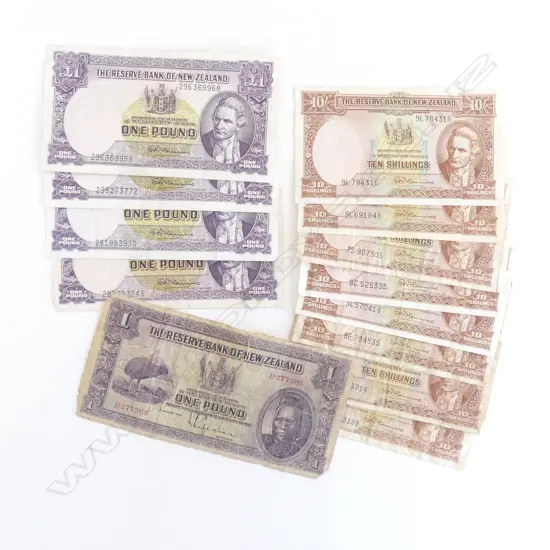 13 VINTAGE NZ BANK NOTES; 5x ONE POUND, 8x TEN SHILLINGS