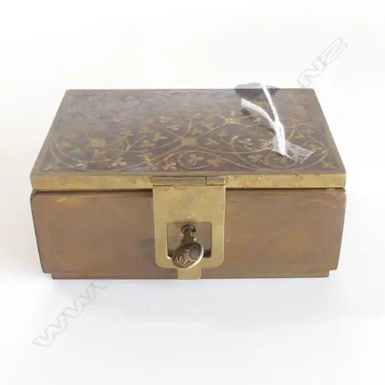 ERHARD & SOHN early 20thC German brass BOX W TORTOISHELL INLAID LID W KEY L.130mm