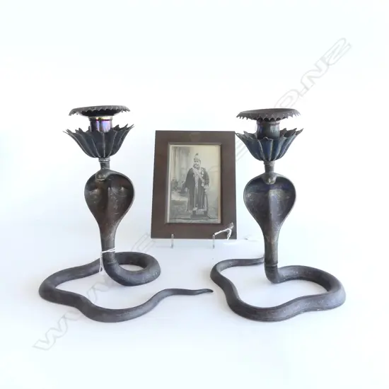 PR OF BRASS COBRA CANDLESTICKS  H230MM & 1910 BRASS PHOTO FRAME H195MM