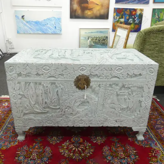 CHALK PAINTED CARVED CAMPHOR CHEST 1120x560x705mm