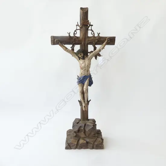 VINTAGE CARVED WOODEN CRUCIFIX w. PAINTED CAST IRON JESUS H670MM