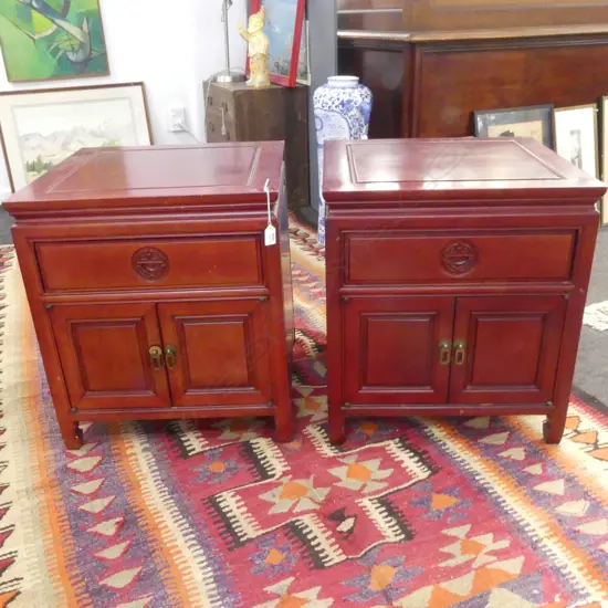 PR RED STAINED ORIENTAL BEDSIDE CABINETS 505x505x555mm