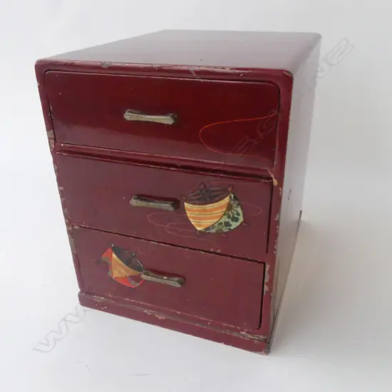 ORIENTAL RED LACQUER 3 DRAWER CABINET 185x230x230mm