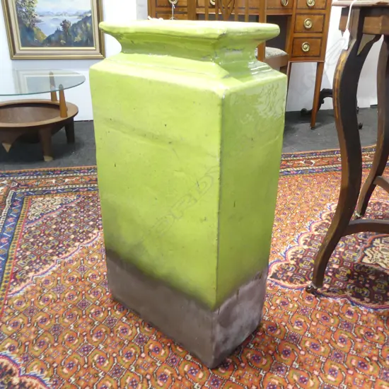 LARGE CUBE SHAPED GREEN GLAZED STUDIO POTTERY VASE H650MM  W350MM
