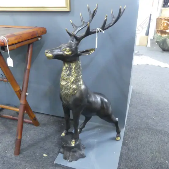 LARGE BRONZE STAG DEER front legs raised on tree trunk stump H.700mm 