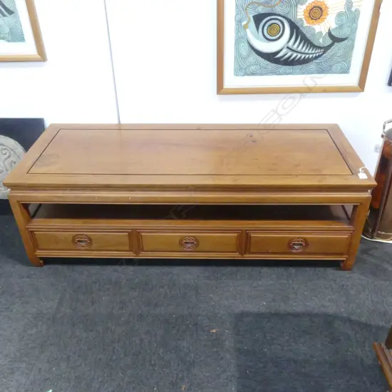 VINTAGE CHINESE ROSEWOOD LOW TABLE floating panelled top aboove 3 frieze drawers 1270 x 505 x 405mm
