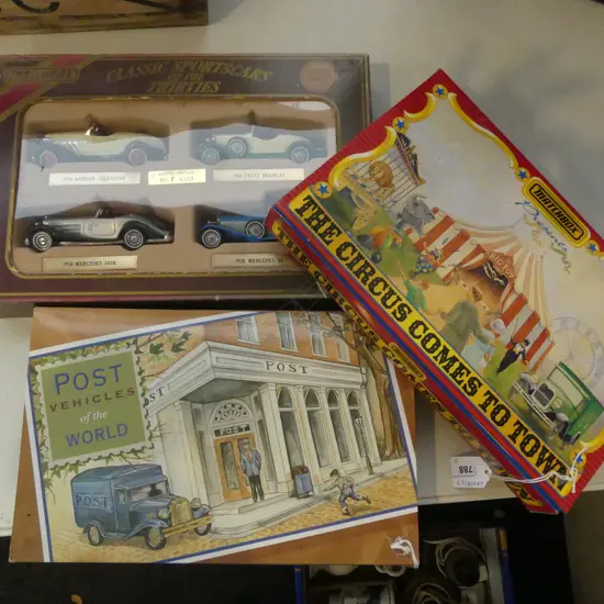 3 MINT & BOXED MATCHBOX SETS CLASSIC SPORTS CARS POST VEHICLES & CIRCUS COMES TO TOWN