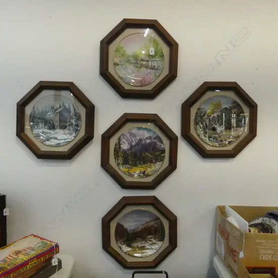 SET 5 OCTAGONAL FRAMED BONE CHINA PLATES: R/Doulton 'Garden of Tranquility' + 4 'Canadian Collector's Plates'  