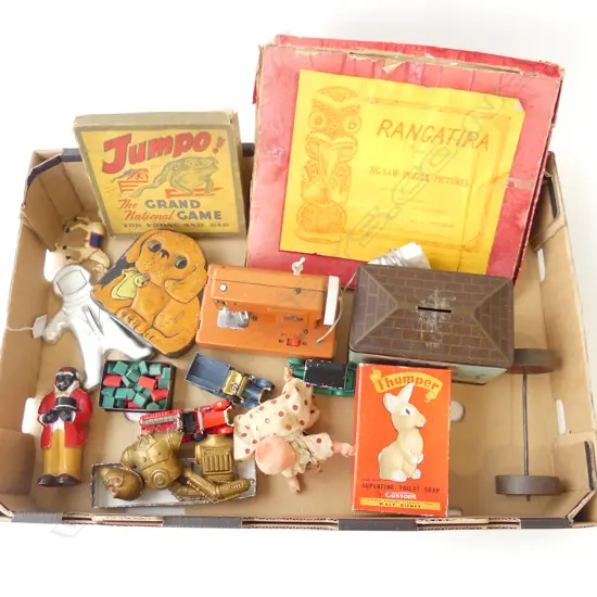 VINTAGE TOYS – RANGATIRA PUZZLE, ‘JUMPO’ FROG GAME, DISNEY THUMPER, SEWING MACHINE, MATCHBOX CARS, CLOCKWORK DOLL ETC
