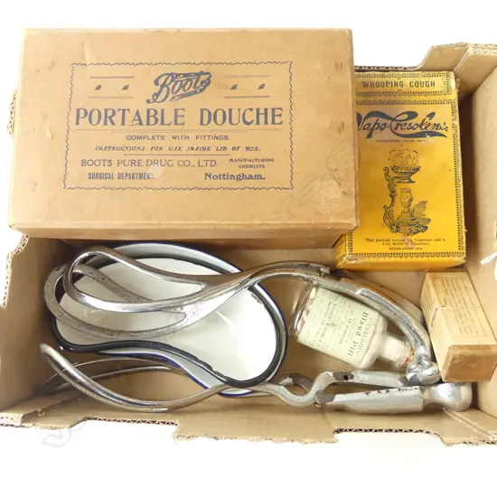 BOX – MEDICAL ITEMS INCL. VAPORIZER, DOUCHE, ENAMELWARE, 2 PAIRS FORCEPS ETC