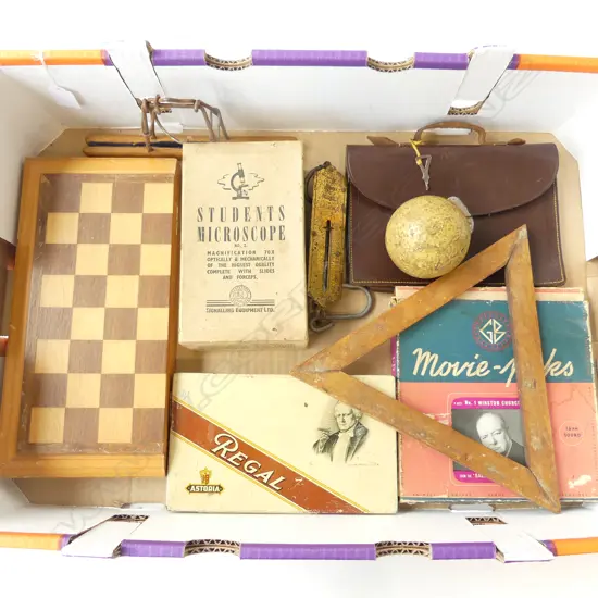 BOX – CHESS BOARD, MICROSCOPE, SCALES, CRIBBAGE BOARD, LEATHER CASE, CHURCHILL FILM ETC