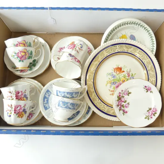 BOX OF CHINA – INCL. 8 CUP, SAUCER & PLATE SETS COALPORT, ROYAL ALBERT ETC, AND OTHER ASST. PLATES