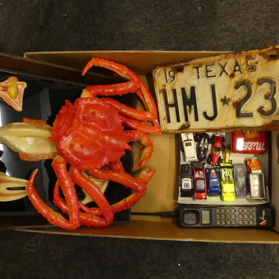 ASST. COLLECTABLES, 1973 TEXAS NO. PLATE, VINTAGE PLASTIC CRAB, FRAMED DENTIST TOOTH DECAYMODEL, TOYS, BRICK PHONE