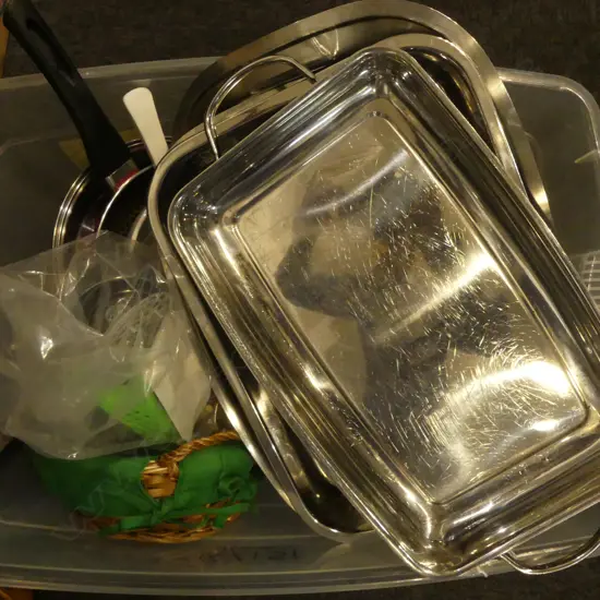 BOX OF KITCHENELIA: stainless dishes + pots + pans etc