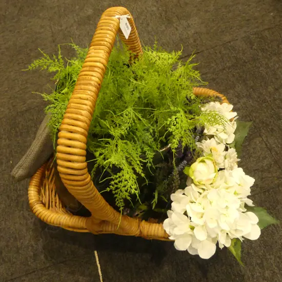 BASKET + TOLLE WARE BIN OF ARTIFICIAL FLOWERS
