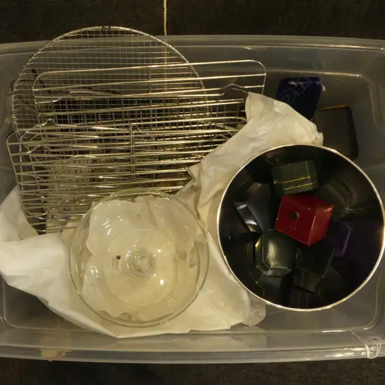 BOX OF KITCHENELIA: crystal & glass bowls + Uniden phones + stainless trays + scales + jewel boxes etc