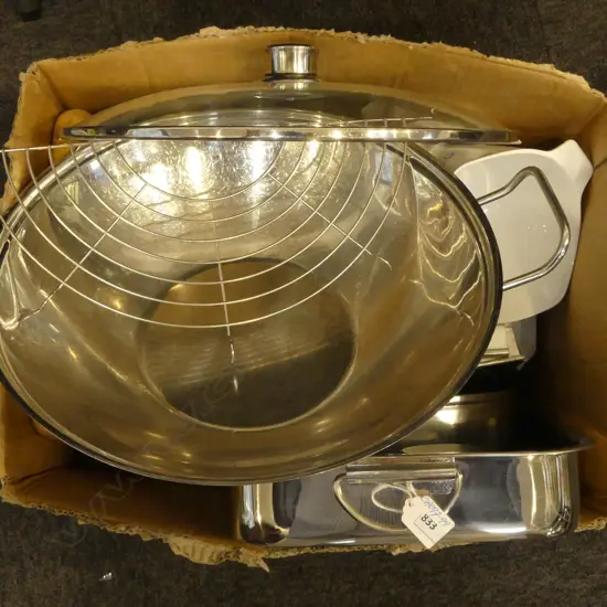 BOX OF KITCHENELIA: mortar & pestles + stainless dishes etc