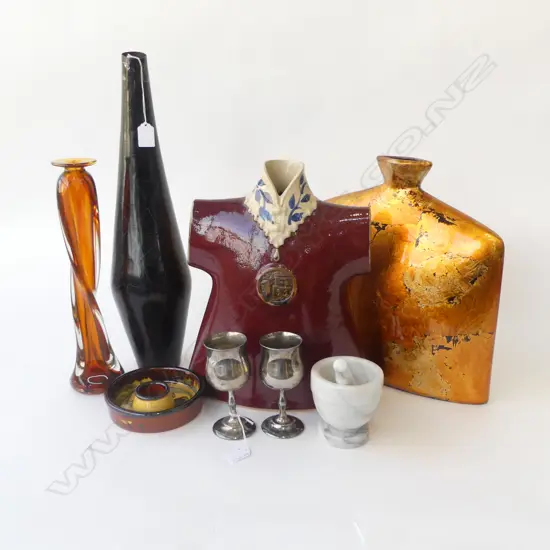 8 PCES; 4 LG VASES (1 ART GLASS H.365mm), MORTAR & PESTLE, 2 EP GOBLETS, CERAMIC DISH 150mm dia