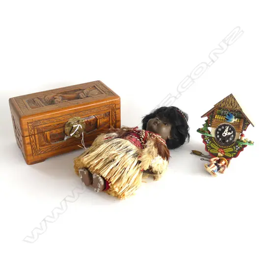 3 PC; CARVED CAMPHOR JEWELLERY BOX, VINTAGE MAORI DOLL & VINTAGE COCKOO CLOCK w GIRL ON SWING