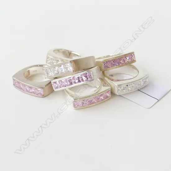 7 SILVER & CZ DRESS RINGS, PINK & WHITE, VARIOUS SIZES, 60gm