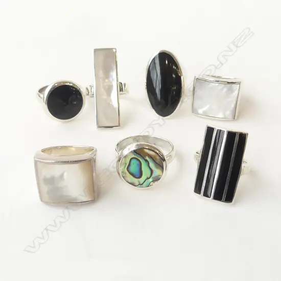 7 SILVER & MOP, PAUA ,ONYX SET DRESS RINGS  new old stock