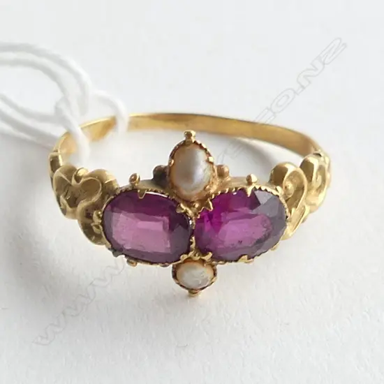 18ct GEORGIAN TESTING AS ALMANDINE GARNET/PEARL RING 2.0gms SIZE P HAS HAD SOME SLIGHT REPAIRS