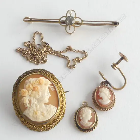 15ct BAR BROOCH 2.6gms, 9CT CAMEO EARRINGS, GOLD? CHAIN, GP CAMEO PENDANT BROOCH
