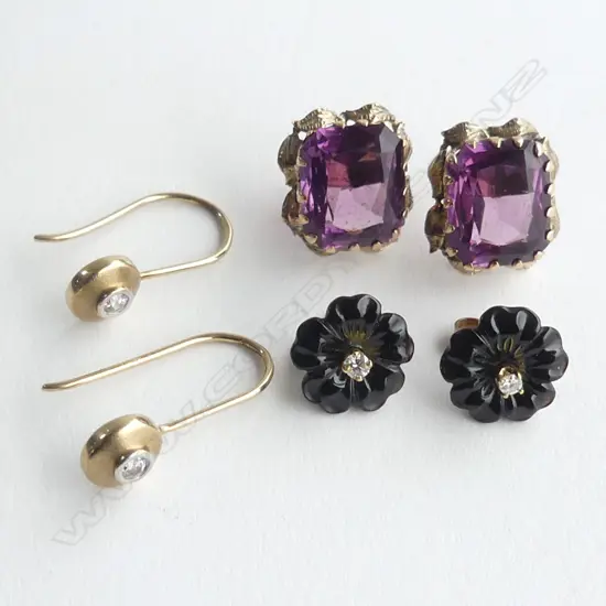 3 PRS EARRINGS: 2 9CT  1x w diamonds/black flower  & 1x w CZ + 1 pr gold plate w amethysts?