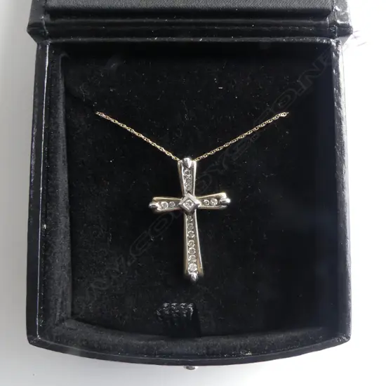 9CT DIAMOND SET CROSS ON VERY FINE 10CT CHAIN  2.5 GRMS TOTAL
