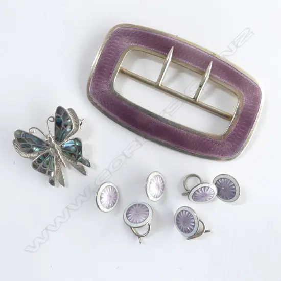 STG & ENAMEL BUCKLE 75x45mm & 6 BUTTONS 42gms + BUTTERFLY BROOCH