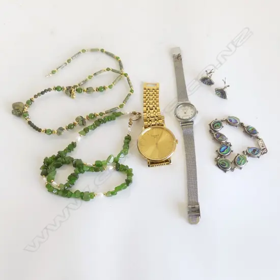 ASST. JEWELLERY; 2 WATCHES, 2 GREEN STONE NECKLACES, STG & PAU BRACELET & EARRINGS