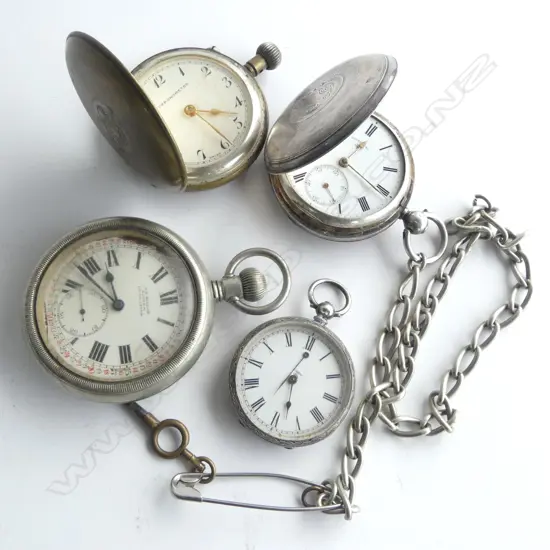 BAG 4 VINTAGE POCKET WATCHES + 1 CHAIN some silver some faults