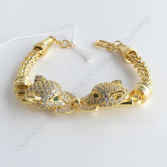 COSTUME CHEETAH HEAD GOLD TONE & DIAMANTE BRACELET