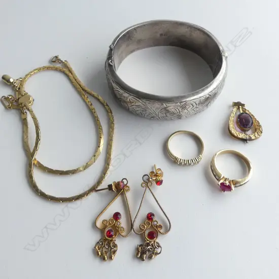 SILVER BANGLE faulted + GILT & GEM NECKLACE & PR EARRINGS