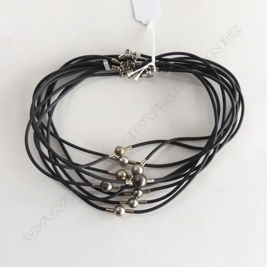 9 BLACK PEARL NECKLACES, NEW ON BLACK RUBBER CORDS