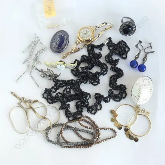 COLLECTION OF NECKLACES, SEED PEARLS, EARRINGS & AN ANTIQUE WATCH - WORKING