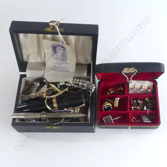 2 BOXES ASST. COSTUME JEWELLERY INCL. 2 PENS