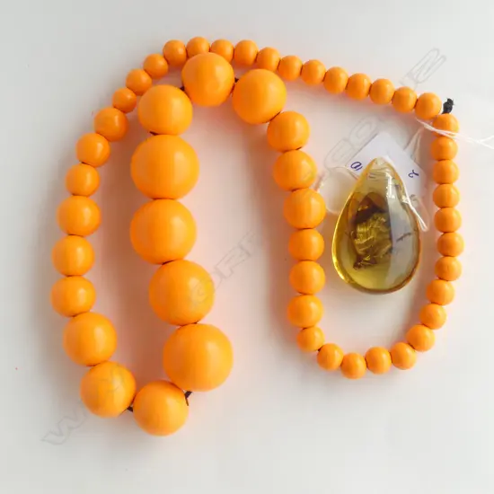 2 PC; ORANGE AFRICAN BEADS & FOSSILISED BUTTERFLY PENDANT