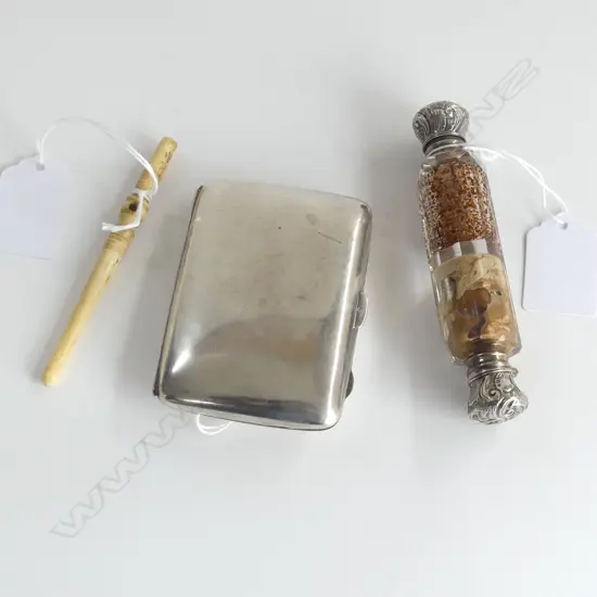 SILVER MONOGRAMMED CIGARETTE CASE BIRMINGHAM 1919 William Devenport, 80gm, BONE STANHOPE & SILVER ENDED PERFUME BOTTLE