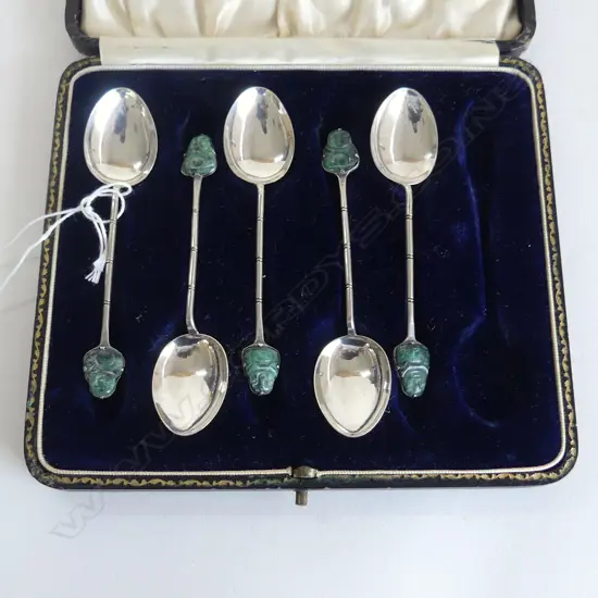 5 CHINESE STG SILVER & JADE BUDHA TEASPOONS STAMPED ‘90 SILVER’ WITH CHINESE STAMP