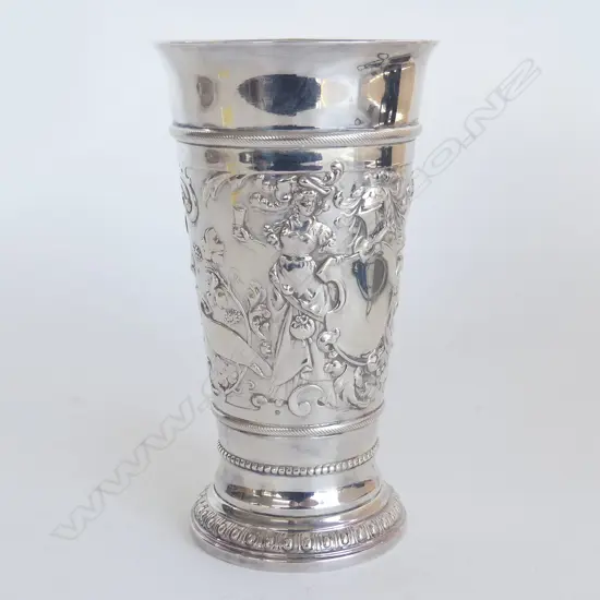 WMF ART NOUVEAU SILVER PLATED VASE EMBOSSED WITH LADY & KNIGHTS HELMET, H.160MM