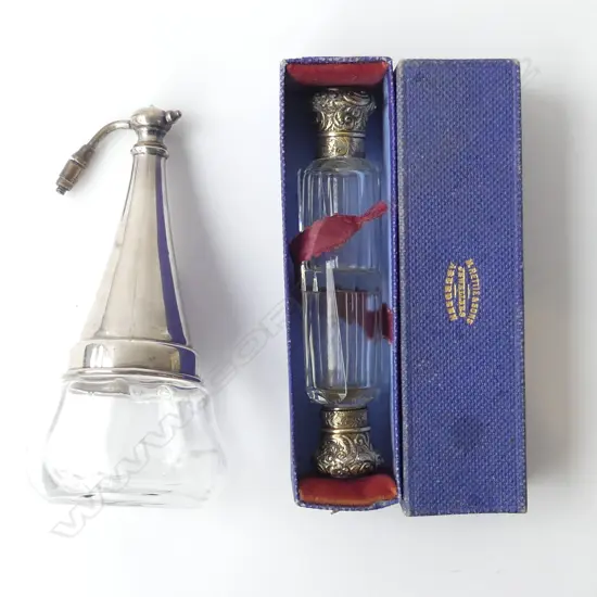 TWO PERFUMES – ANTIQUE DOUBLE ENDED PERFUME IN BOX (HINGE DETACHED) & STG SILVER COMBINATION TRINKET BOX PERFUME (ATOMIS