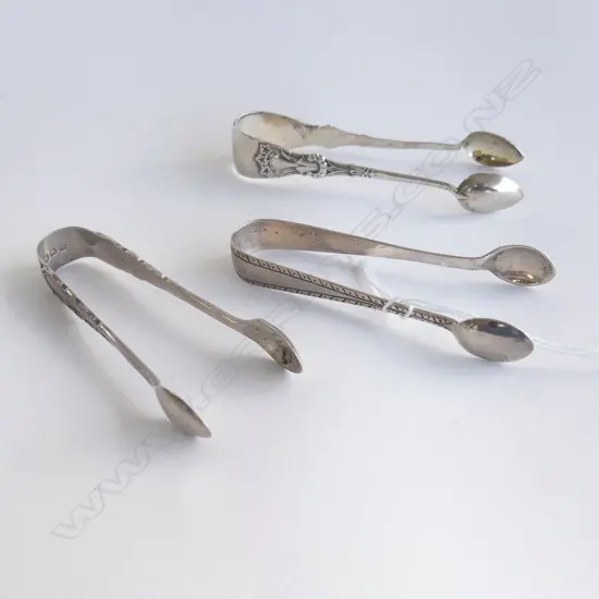 THREE PAIRS STG SILVER TONGS LONDON 1919, BIRMINGHAM 1906 & 1920, L.87MM-92MM