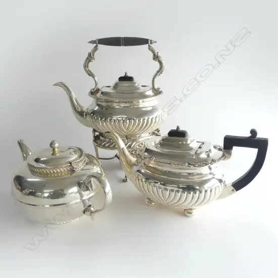EPNS SPIRIT KETTLE inscribed to Sister Annie Dunedin 1910 & 2 EPNS TEAPOTS